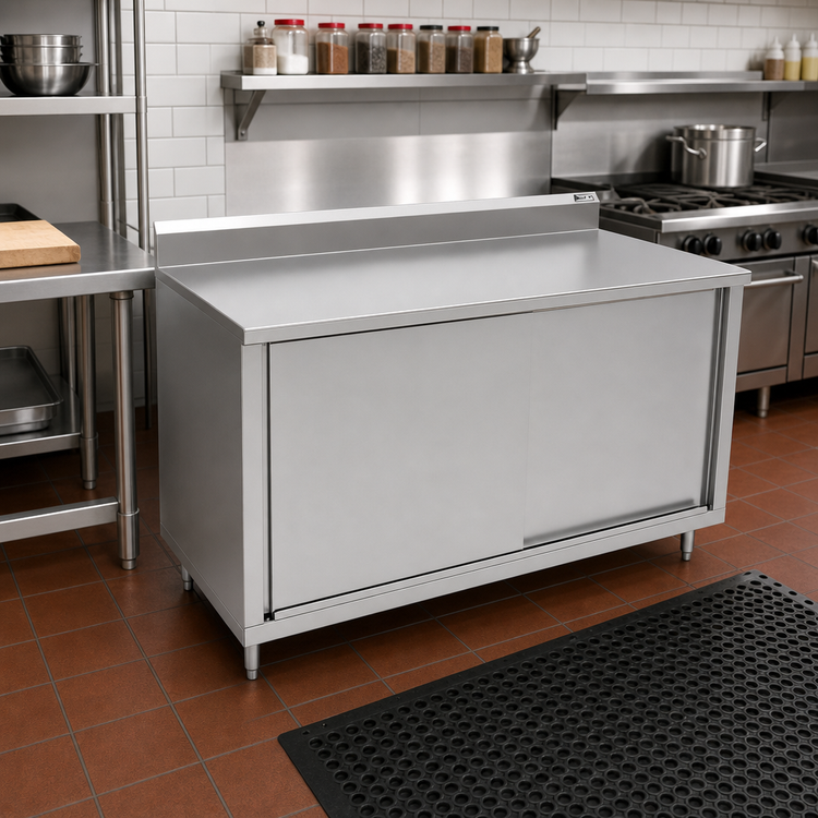 Product image #2 for John Boos 72 Inch x 30 Inch Stainless Steel Enclosed Work Table with Sliding Doors, 5 Inch Backsplash, and Stallion Safety Edge