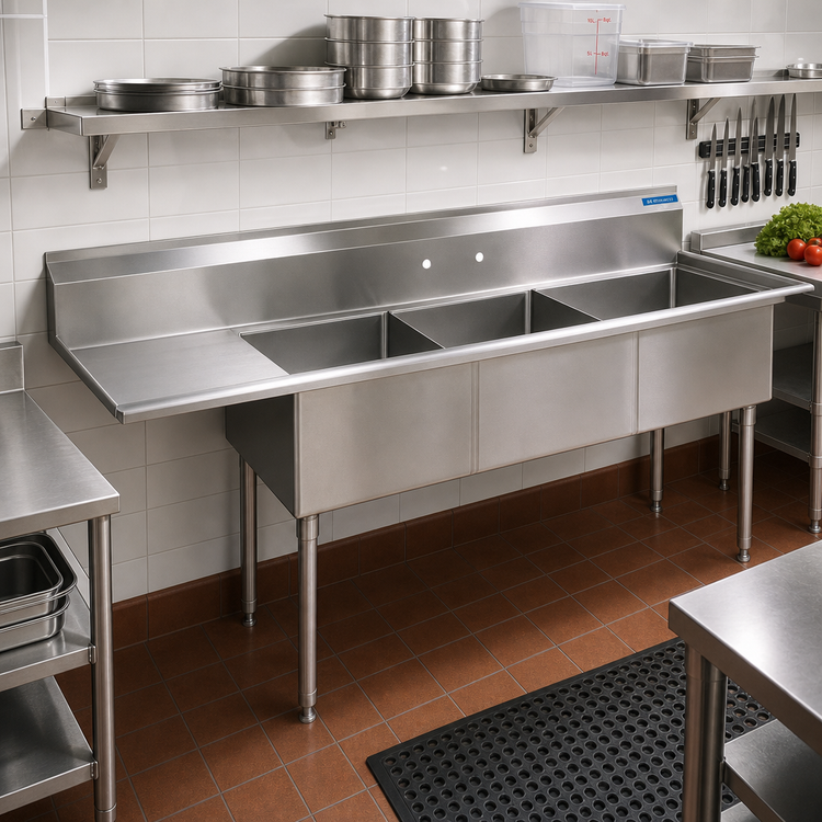 Product image #2 for BK Resources Three-Compartment Stainless Steel Sink with Left Drainboard and 15 x 15 x 14-Inch Bowls