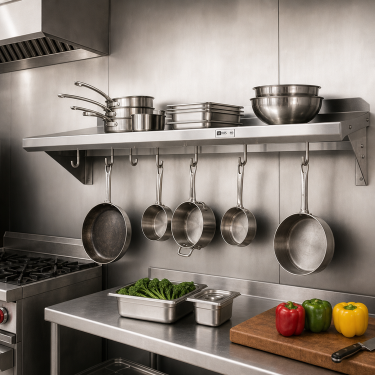 Product image #2 for John Boos Stallion 48-Inch Wall-Mount Stainless Steel Shelf with Pot Rack, 14 Gauge