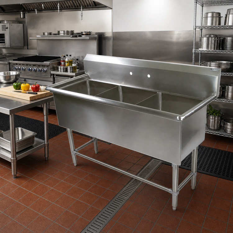 Product image #2 for John Boos Pro-Bowl 3-Compartment Stainless Steel Commercial Sink with 10-Inch Boxed Backsplash, 95-1/8 Inch W x 29-1/2 Inch D x 44-1/16 Inch H