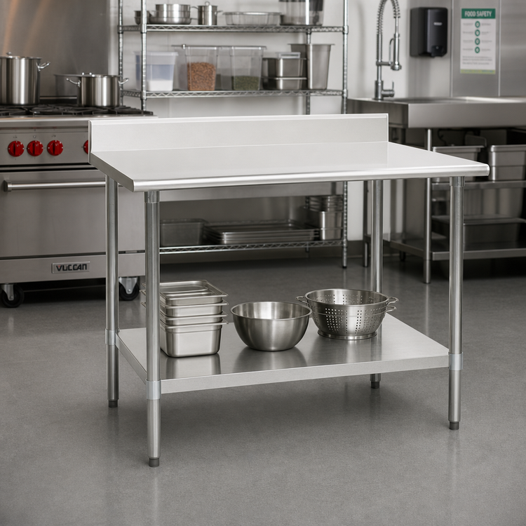 Product image #2 for Deluxe Series 48 x 36 Inch 16-Gauge 300 Series Stainless Steel Work Table with 4-1/2 Inch Backsplash and Undershelf