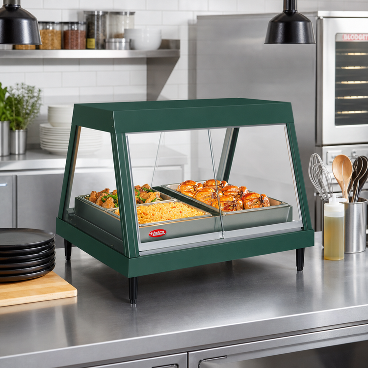Product image #2 for Hatco Glo-Ray Countertop Heated Display Case with Straight Glass Front, Rear Sliding Doors, 4-Pan Capacity