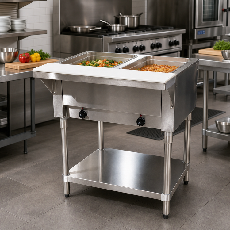 Product image #2 for Advance Tabco Triumph Supreme 2-Well Electric Hot Food Table with Poly Cutting Board and Open Base