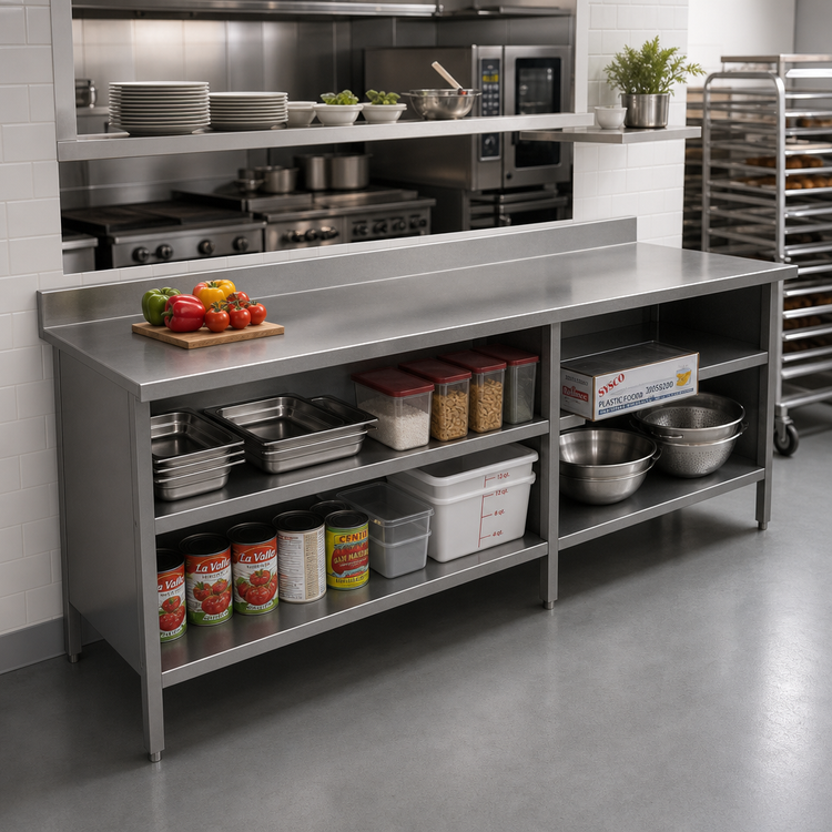 Product image #2 for John Boos 144-Inch x 30-Inch Open-Front Enclosed Base Work Table with 16-Gauge Stainless Steel Top and 5-Inch Backsplash