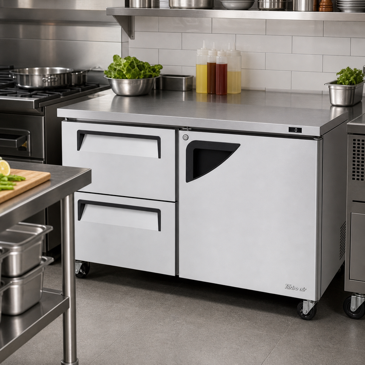 Product image #2 for Turbo Air Super Deluxe Two-Section Undercounter Freezer with 2 Drawers and 1 Right-Hinged Door, 60 1/4-Inch