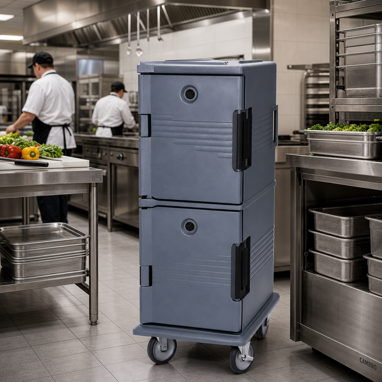 Product image #3 for Cambro Ultra Camcart Double-Compartment Front-Loading Insulated Food Pan Carrier with Security Package, Slate Blue