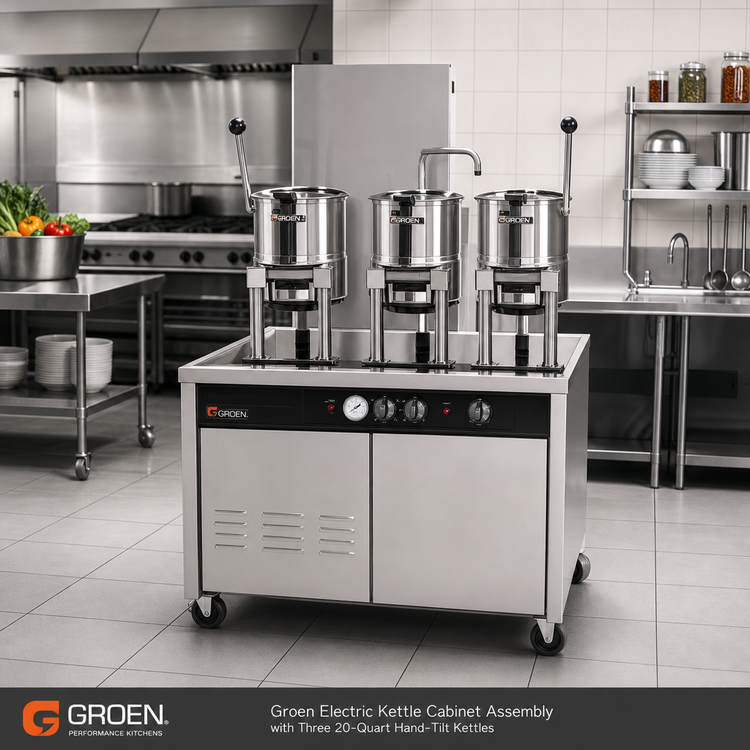 Product image #2 for Groen Electric Kettle Cabinet Assembly with Three 20-Quart Hand-Tilt Kettles