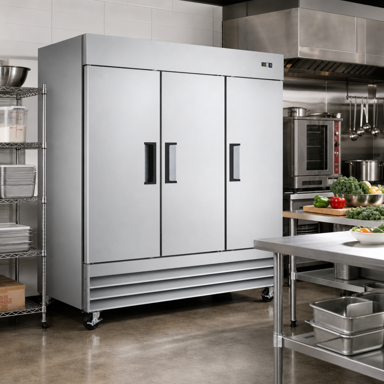 Product image #2 for Omcan 72 Cu. Ft. Three-Section Reach-In Freezer with Bottom-Mount Self-Contained Refrigeration