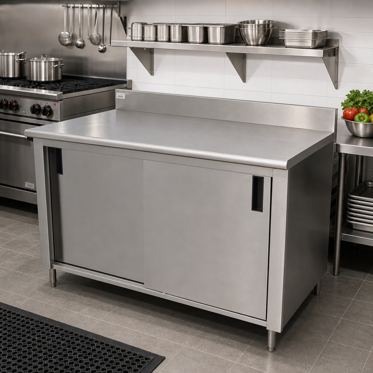 Product image #2 for Advance Tabco Special Value Economy Enclosed Work Table with Cabinet Base, Sliding Doors, and 5-Inch Backsplash, 120 x 24 Inches, 304 Stainless Steel Top