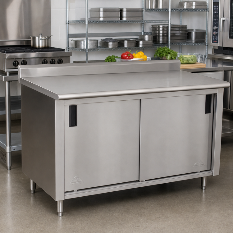 Product image #2 for Advance Tabco 84-Inch x 24-Inch Enclosed Work Table with Sliding-Door Cabinet Base and 14-Gauge 304 Stainless Steel Top