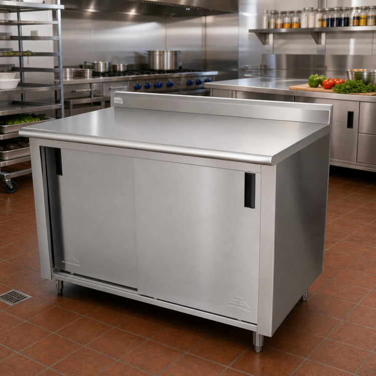 Product image #2 for Advance Tabco 60" x 36" Enclosed Work Table with Cabinet Base, Sliding Doors, 14-Gauge 304 Stainless Steel Top, and 1-1/2" Rear Up-Turn