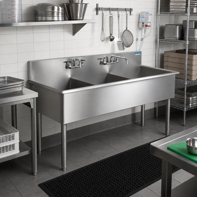 Product image #2 for BK Resources Budget 3-Compartment Stainless Steel Sink with 24 x 24 x 12 Inch Bowls, 8 Inch Backsplash, and Legs