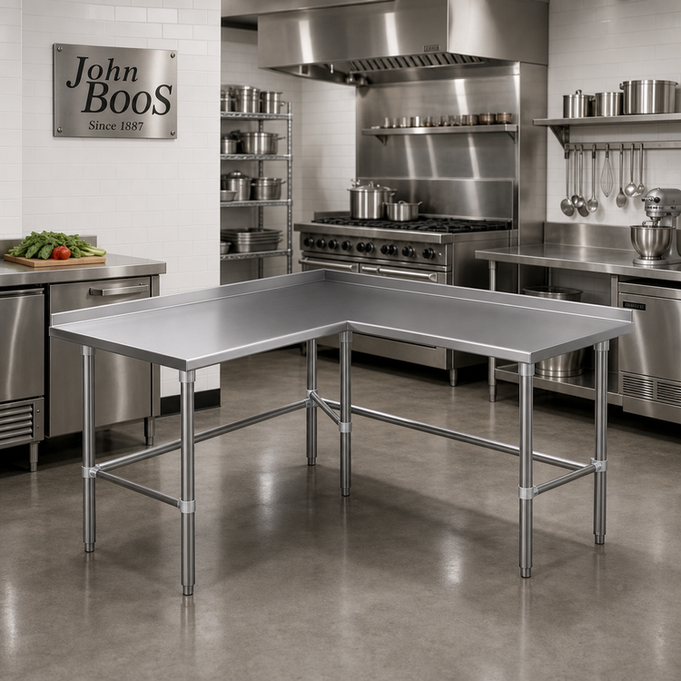 Product image #2 for John Boos L-Shaped Stainless Steel Corner Work Table with 1-1/2-Inch Rear Up-Turn