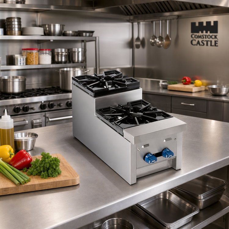 Product image #2 for Comstock-Castle SUFHP12 Countertop Gas Step-Up Saute Hot Plate, 2-Burner, 12-Inch Wide