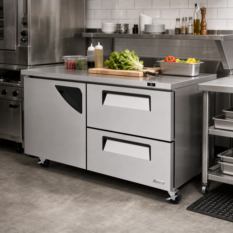 Product image #2 for Turbo Air Super Deluxe 60-Inch Two-Section Undercounter Refrigerator with 1 Solid Door and 2 Drawers