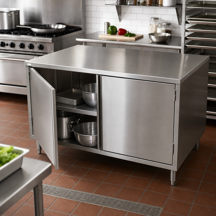 Product image #2 for BK Resources Dual-Access Chef Table with Cabinet Base and Hinged Doors, 48 x 36 Inches