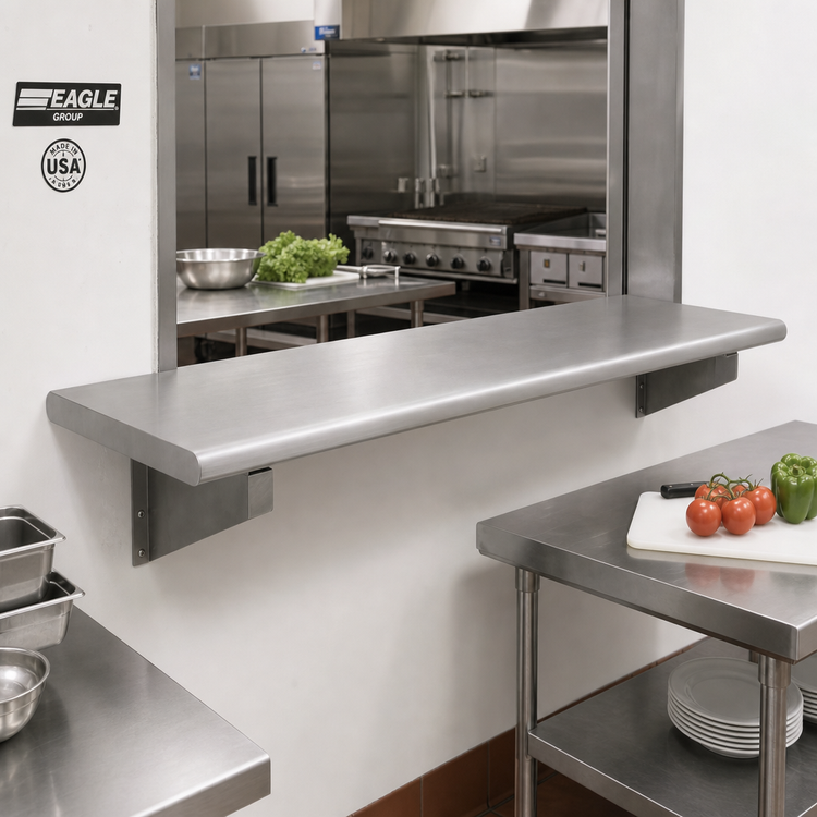Product image #2 for Eagle Group Pass-Thru Wall Shelf, 96 Inch x 24 Inch, Stainless Steel, 12 Inch Max Wall Thickness