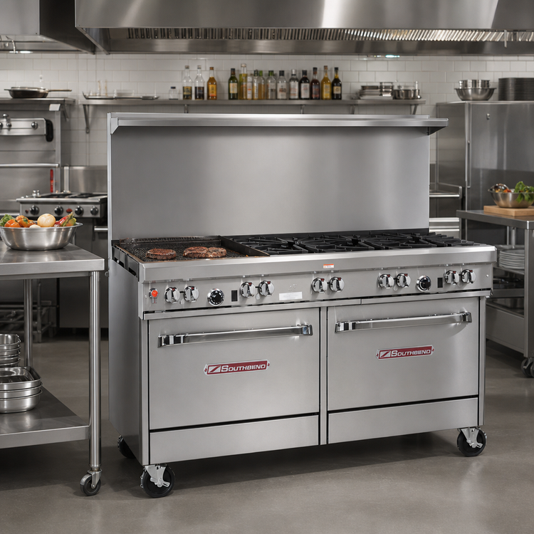 Product image #2 for Southbend Ultimate 60-Inch Gas Restaurant Range with 5 Burners, 24-Inch Raised Griddle/Broiler, and 2 Cabinets