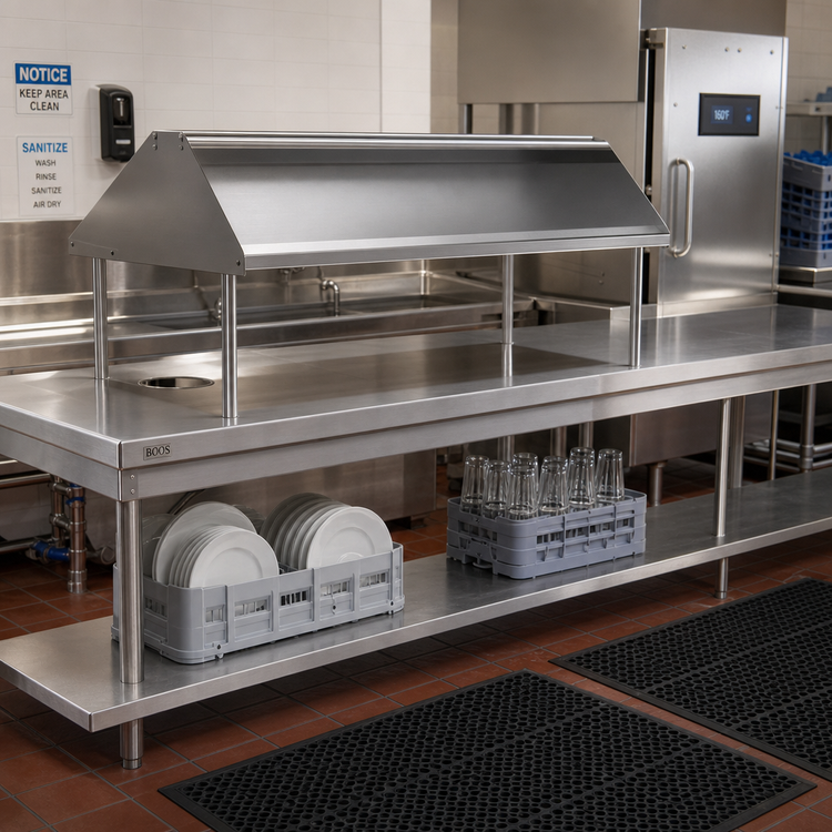 Product image #2 for John Boos 84-Inch Double-Sided Solid Stainless Steel Sorting Shelf for Soiled Dish Tables