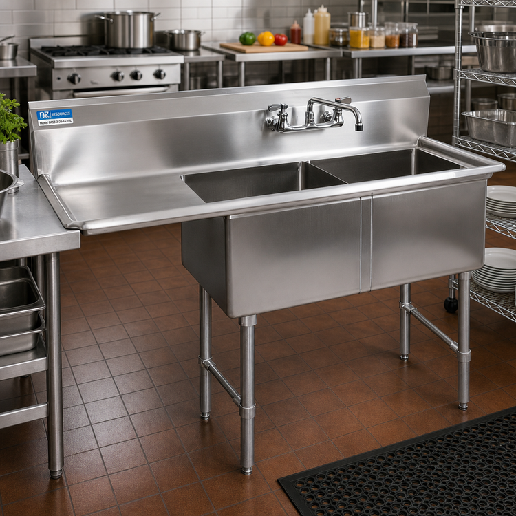 Product image #2 for BK Resources Two-Compartment Stainless Steel Sink with 18-Inch Left Drainboard and 16 x 20 x 14 Bowls