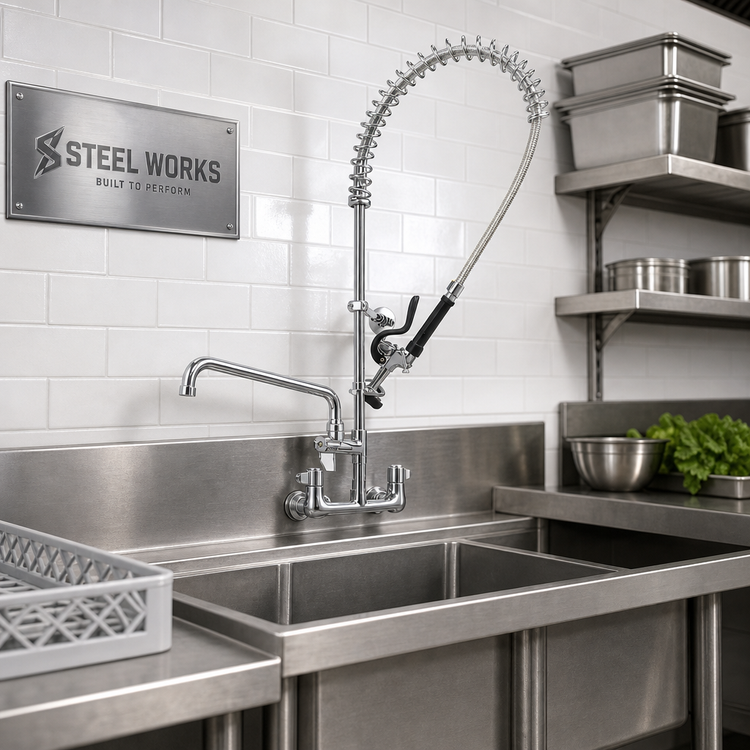 Product image #2 for Steel Works Stainless Wall-Mount Pre-Rinse Faucet with 12-Inch Add-On Faucet, 8-Inch Centers