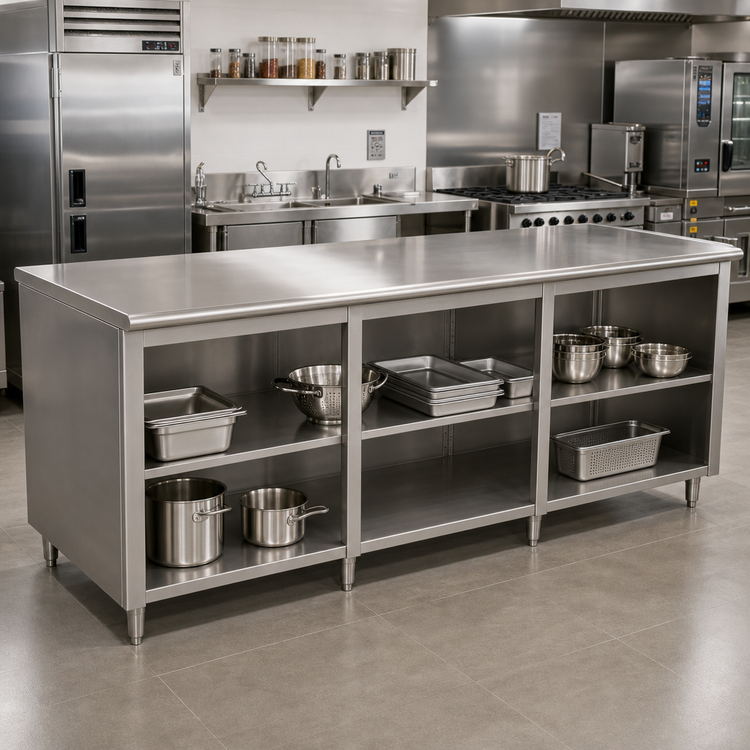 Product image #2 for Advance Tabco 108" x 36" 14-Gauge 304 Stainless Steel Work Table with Open Front Cabinet Base and Mid-Shelf