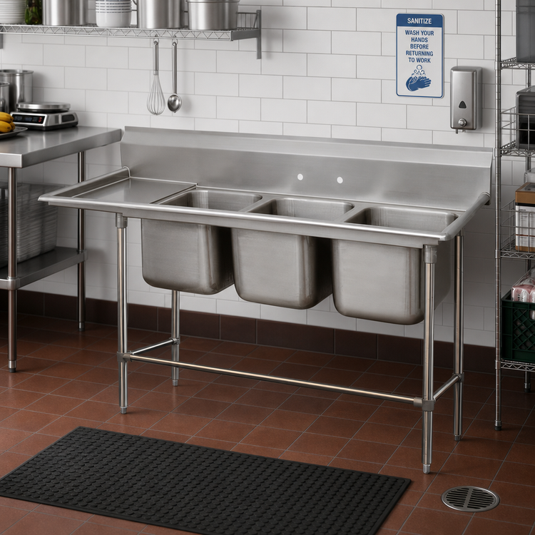Product image #2 for Advance Tabco Regaline 3-Compartment Stainless Steel Sink with Left-Hand Drainboard, 94-3/8-Inch Overall Length