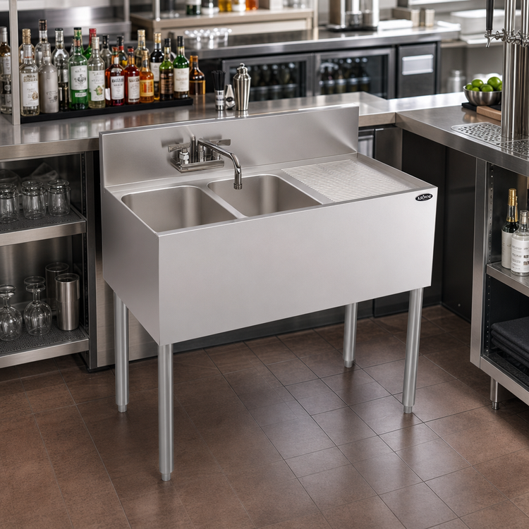 Product image #2 for Krowne Royal Series Two-Compartment Underbar Sink Unit with Right Drainboard, Swing-Spout Faucet, and 10-Inch Deep Bowls, 36 Inch x 19 Inch