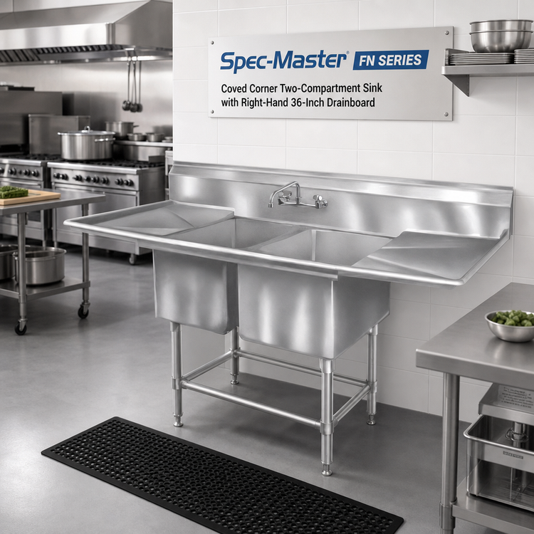 Product image #2 for Spec-Master FN Series Coved Corner Two-Compartment Sink with Right-Hand 36-Inch Drainboard