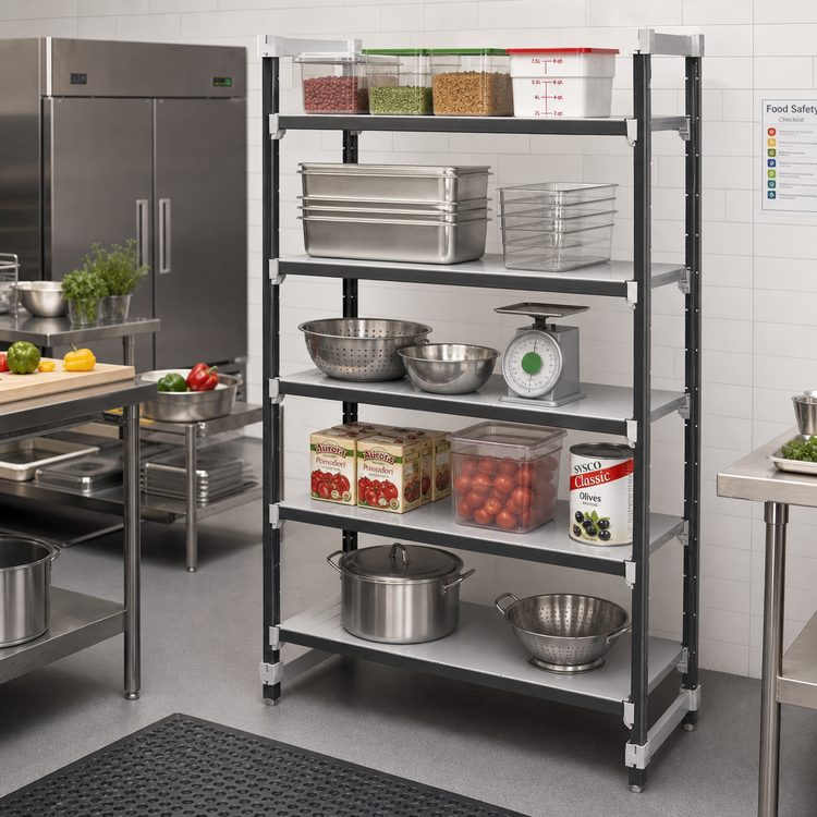 Product image #2 for Cambro Camshelving Elements XTRA 5-Tier Solid Stationary Starter Polymer Shelving Unit, 18" Deep x 36" Wide x 84" High