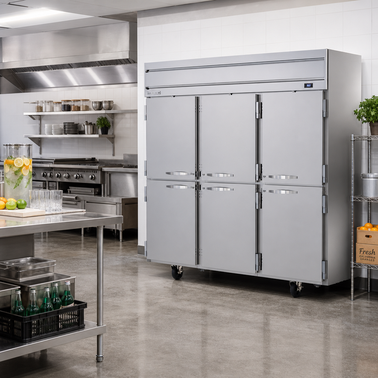 Product image #2 for Beverage-Air Horizon Series Three-Section Reach-In Refrigerator, 71.52 Cu. Ft., Half Solid Hinged Doors, Top-Mounted Self-Contained Refrigeration