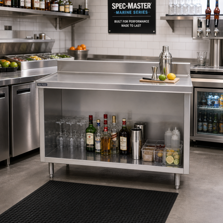 Product image #2 for Spec-Master Marine Series Underbar Work Table with Open Front Cabinet Base, 60 x 24 Inches, 4-1/2 Inch Backsplash