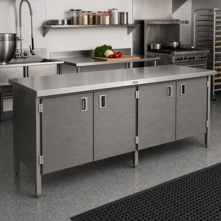 Product image #2 for John Boos 14-Gauge 300-Series Stainless Steel Enclosed Work Table with Hinged Doors, 132 x 30 Inches