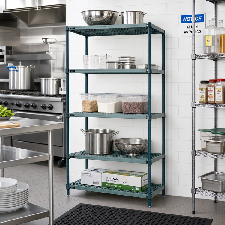 Product image #2 for Quantum 5-Tier Stationary Wire Plastic Mat Shelving Unit, 30 x 24 x 74 Inches, Green Epoxy