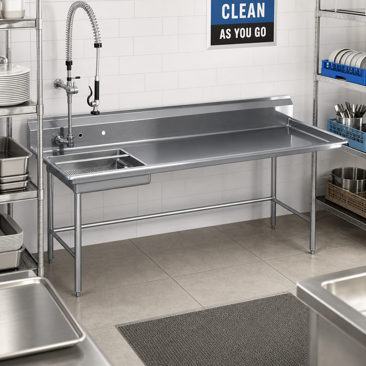 Product image #2 for Sapphire Manufacturing 72-Inch Left-To-Right Soiled Dishtable with Left-Mounted 20 x 20 x 4-Inch Pre-Rinse Sink