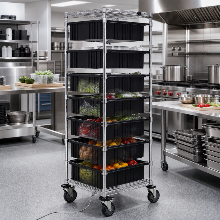 Product image #2 for Mobile Conductive Bin Cart with 7 Dividable Grid Containers, 21 x 24 x 69 Inch, Chrome Plated Finish