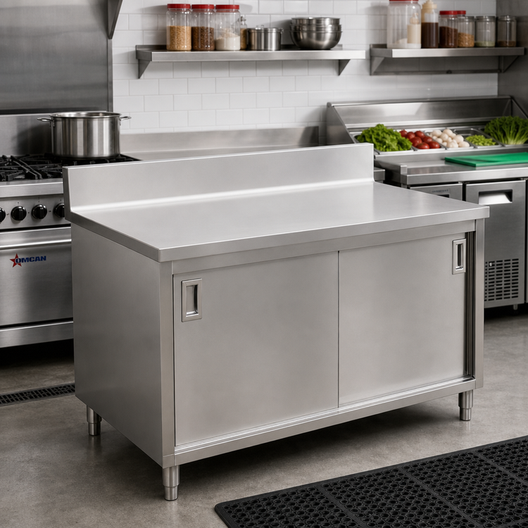 Product image #2 for Omcan USA 72-Inch x 30-Inch Stainless Steel Enclosed Work Table with Cabinet Base, Sliding Doors, and 6-Inch Backsplash