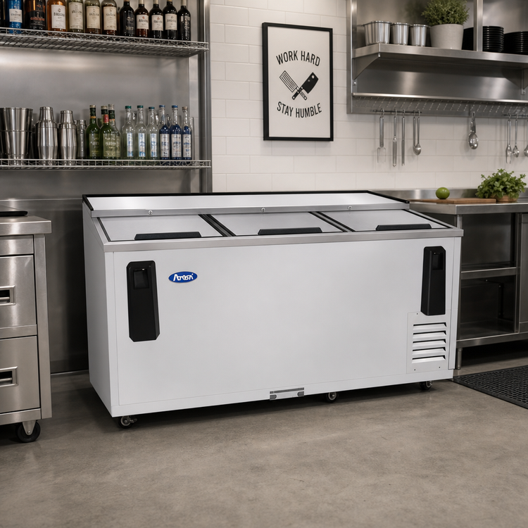 Product image #3 for Atosa 80 1/2-Inch Horizontal Stainless Steel Bottle Cooler, 21.2 Cu. Ft., 3 Sliding Lids, Side-Mount Refrigeration