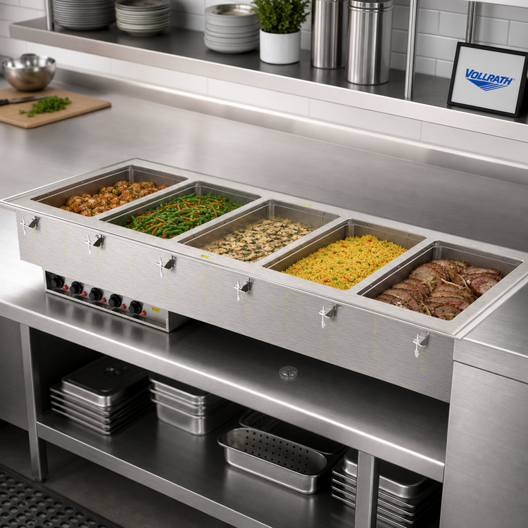 Product image #2 for Vollrath Five-Well Drop-In Electric Hot Food Well for Full-Size 12" x 20" Pans, Marine-Grade 316 Stainless Steel, Thermostatic, Manifold Drain