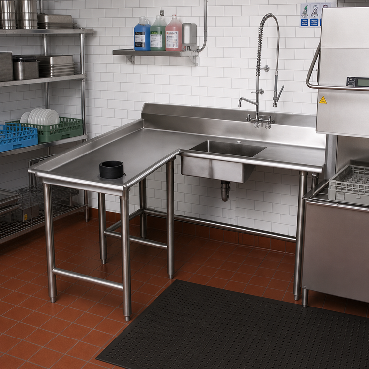 Product image #2 for Spec-Master Island Soiled Dishtable with Pre-Rinse Sink, Left-to-Right Operation, 84-Inch Machine Side x 60-Inch End Side, 14/304 Stainless Steel Top