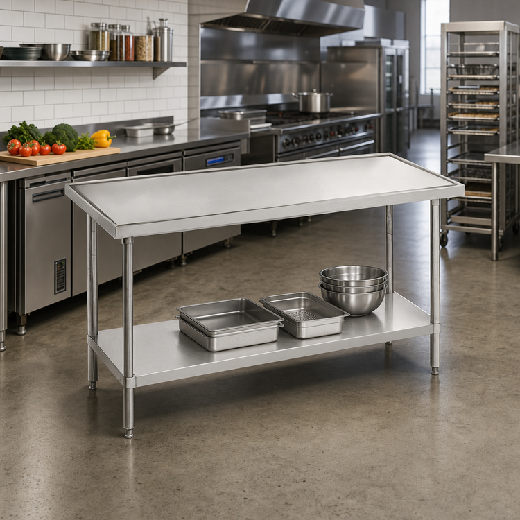 Product image #2 for Advance Tabco 84-Inch x 48-Inch 14-Gauge 304 Stainless Steel Flat Top Work Table with No-Drip Edge and Adjustable Undershelf