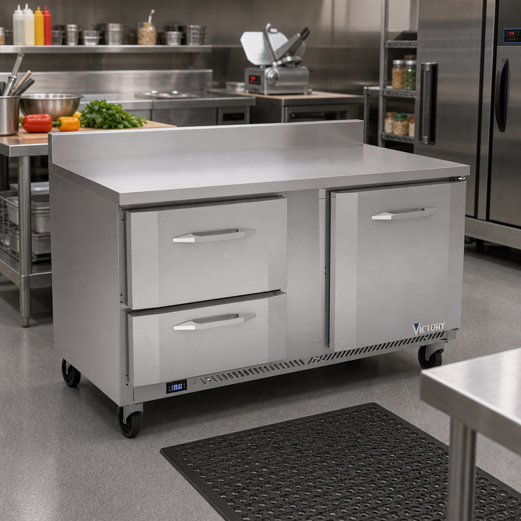 Product image #2 for Victory Refrigeration 60-Inch Two-Section Worktop Freezer Counter with 1 Door and 2 Drawers