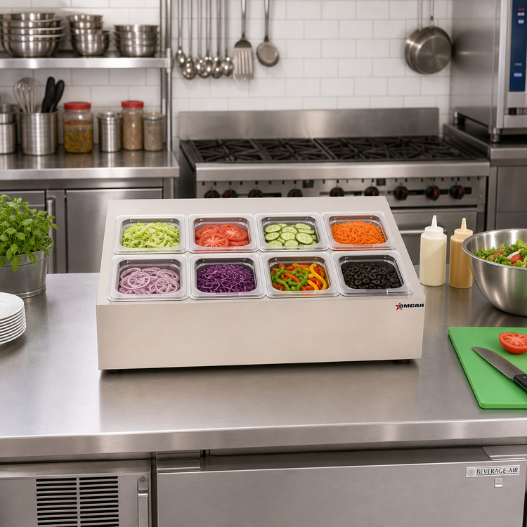 Product image #2 for Omcan Countertop Refrigerated Salad Bar Prep Rail Station, 28 Inch Wide, 8 x 1/6 Pan Capacity