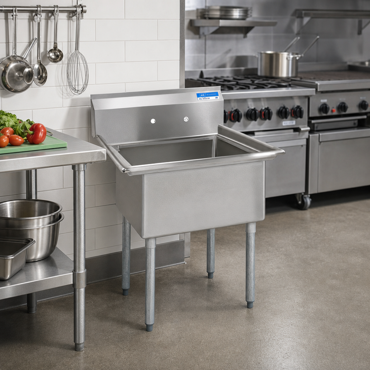 Product image #2 for BK Resources 16-Inch x 20-Inch x 12-Inch One-Compartment No-Drainboard Stainless Steel Sink with 9-Inch Backsplash and Galvanized Legs