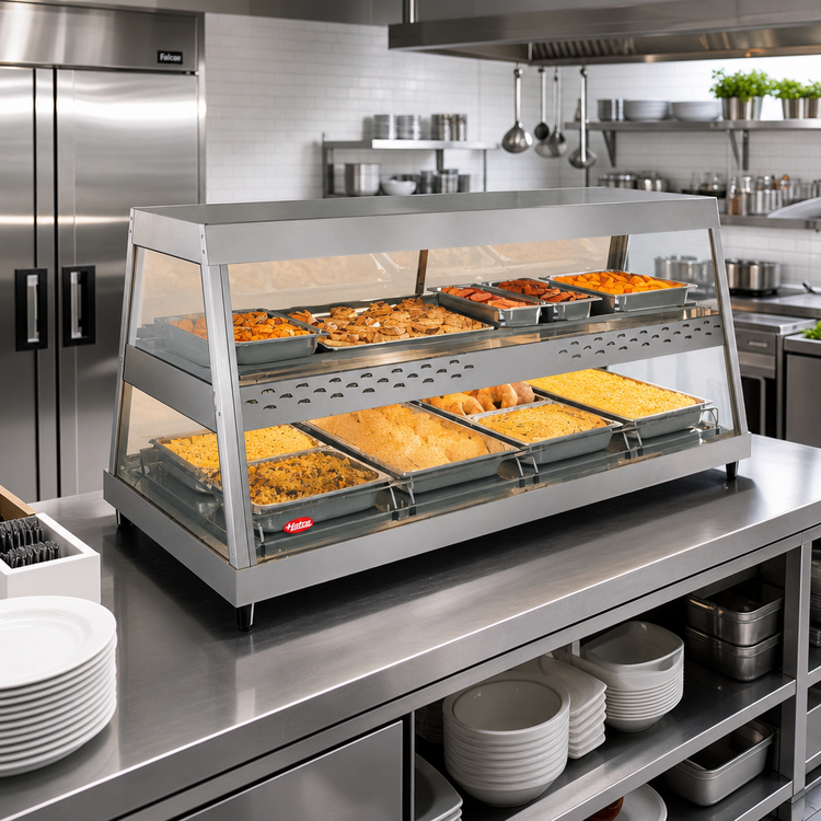 Product image #2 for Hatco Glo-Ray® 4-Pan Countertop Heated Display Case, See-Thru Straight Glass Front with Rear Sliding Doors