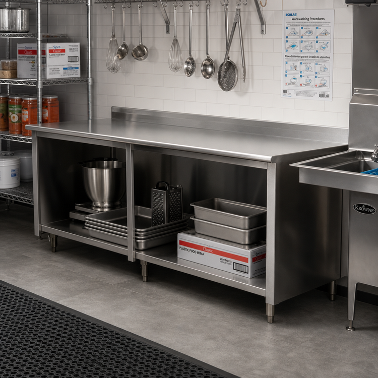 Product image #2 for Advance Tabco Special Value Series 96 x 30 Inch Open Base Work Table with 5-Inch Backsplash, 16-Gauge 304 Stainless Steel Top