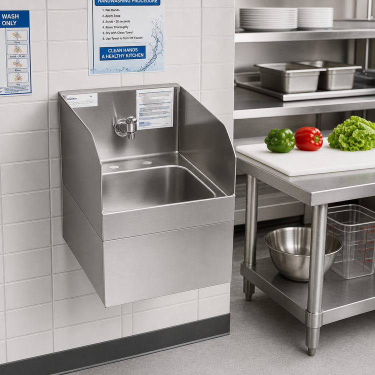 Product image #2 for Glastender Wall-Mount Stainless Steel Hand Sink with Skirt and Side Splashes, 14 x 15 Inches