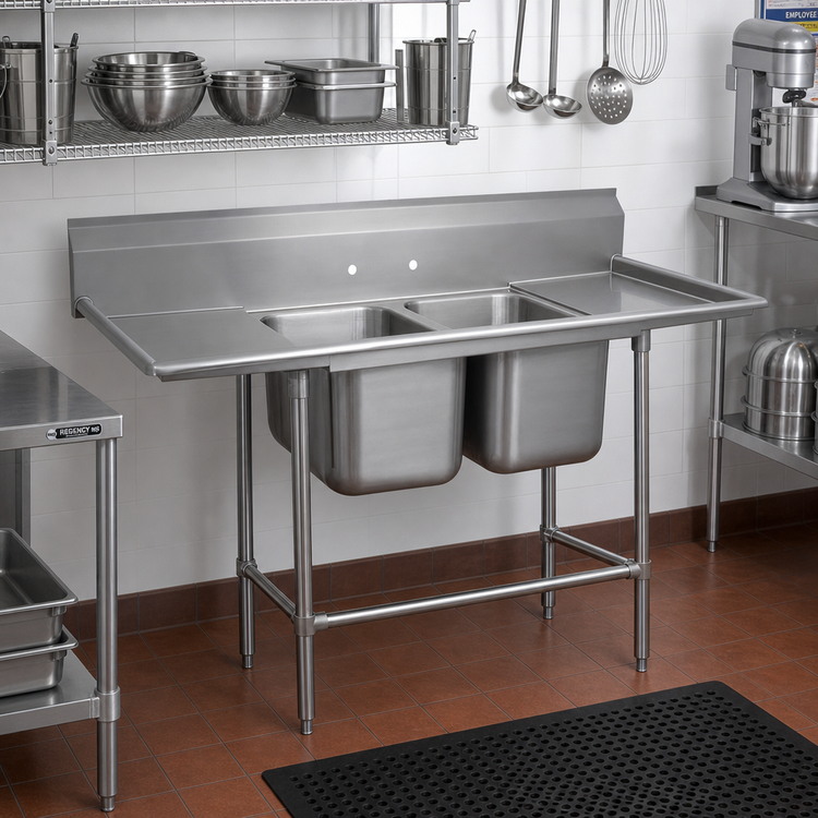 Product image #2 for Advance Tabco Regaline 2-Compartment Commercial Sink with Left and Right Drainboards, 14-Gauge 304 Stainless Steel