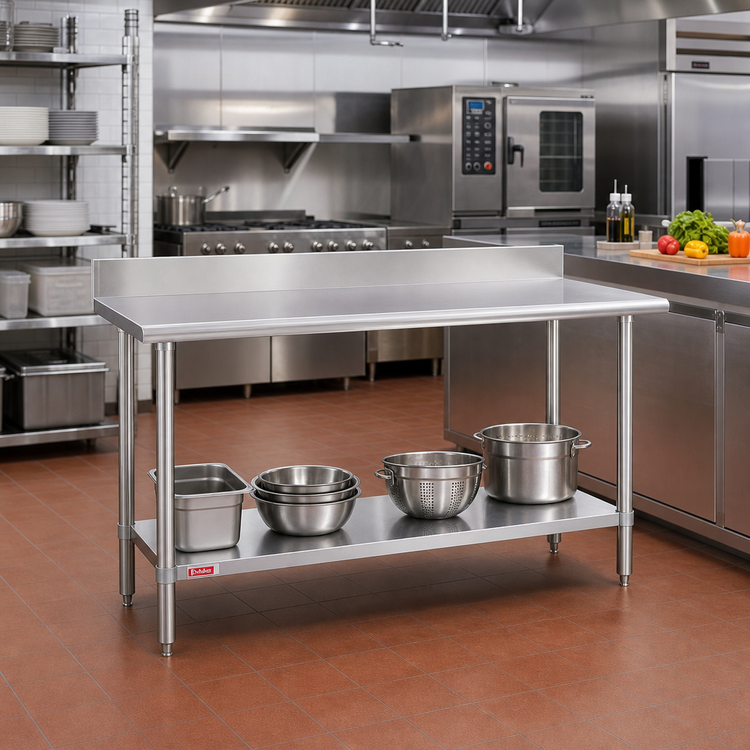 Product image #2 for Duke 48 Inch x 24 Inch 16 Gauge 400 Series Stainless Steel Work Table with 5 Inch Riser, Undershelf, and Posts