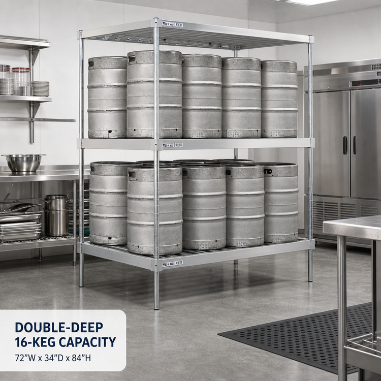 Product image #2 for Double-Deep Aluminum Keg Rack, 72W x 34D x 84H, 16-Keg Capacity